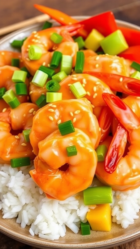 Bang Bang Shrimp served over rice, garnished with green onions and sesame seeds, on a colorful plate with vegetables.